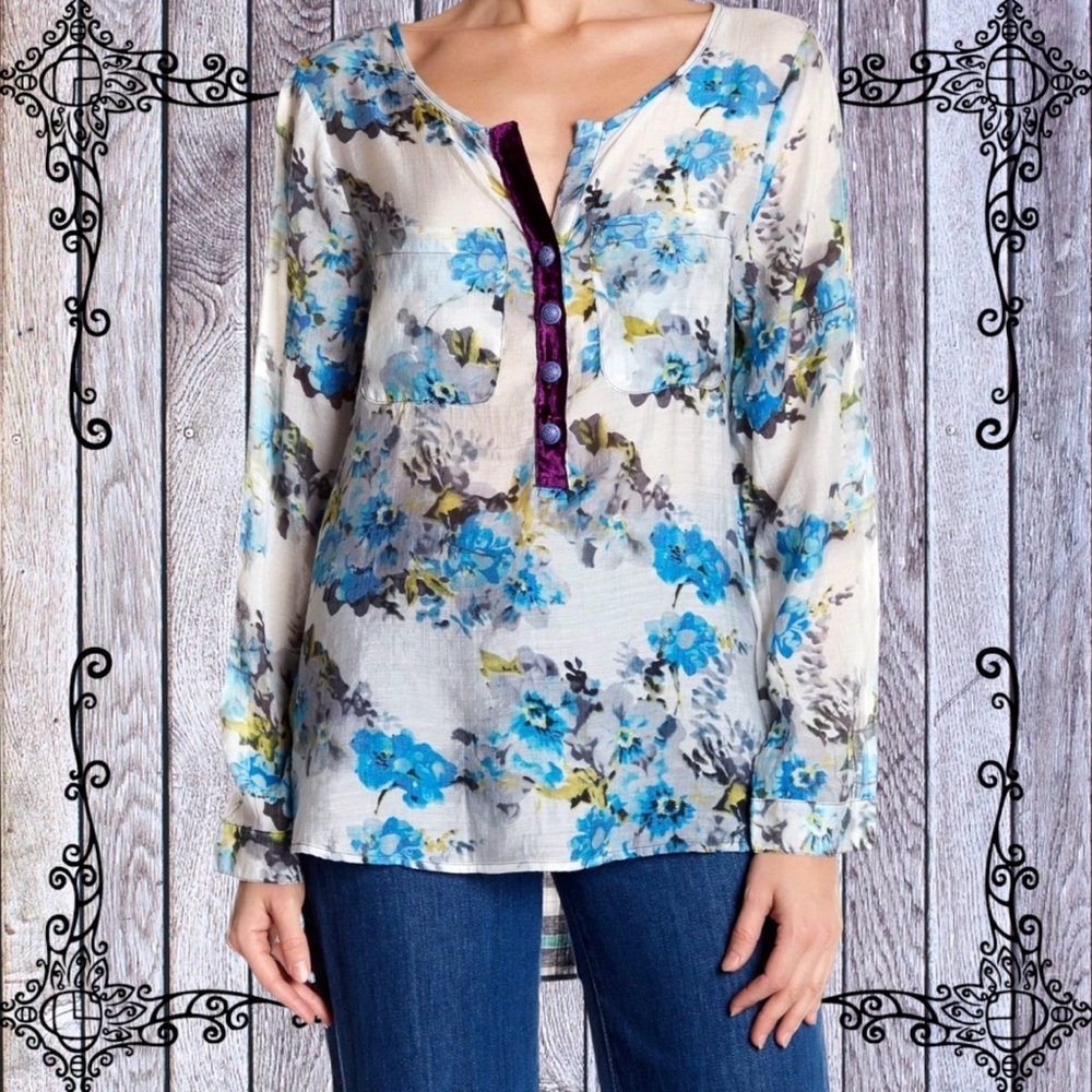 NWT Anthropologie Cyrena Top Tunic Floral Plaid Boho Bohemian Blue Purple NEW